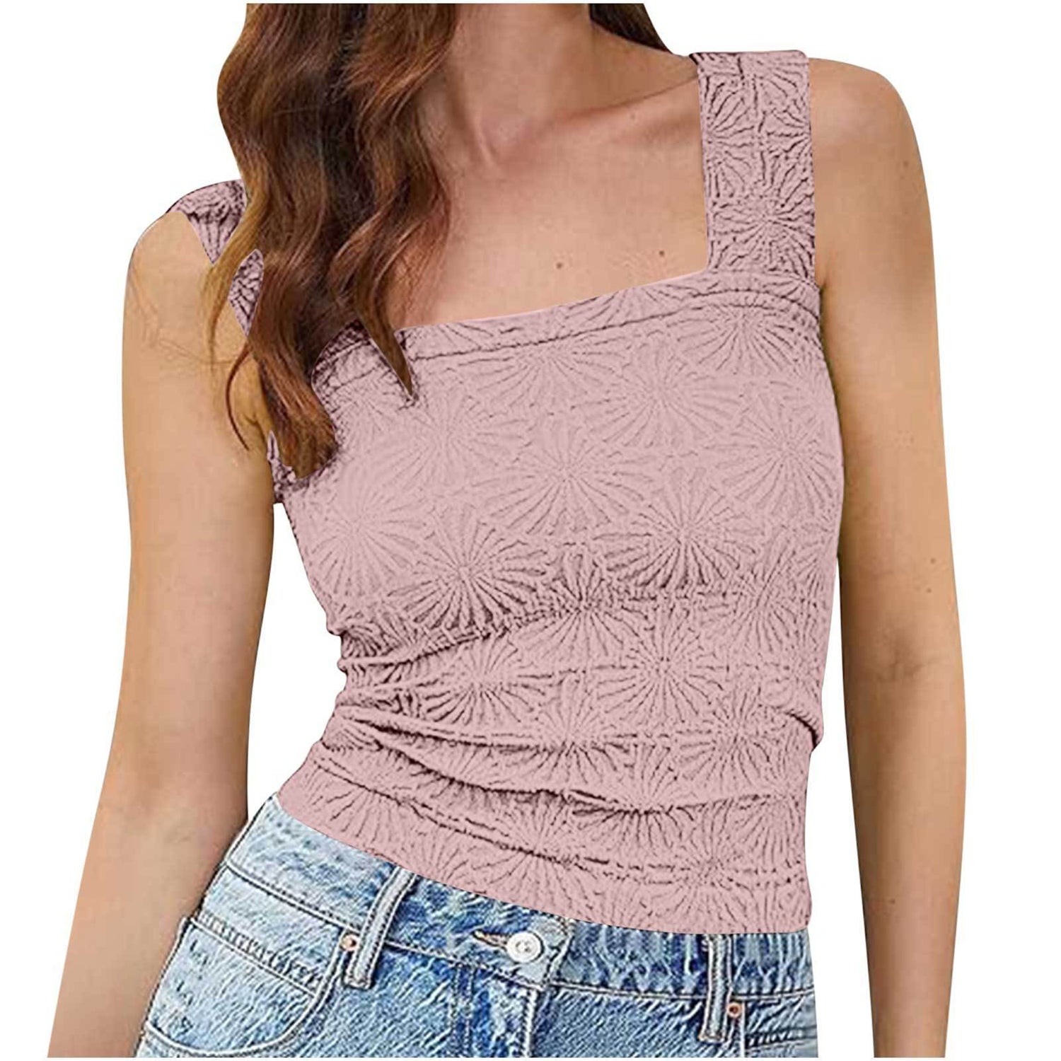 New Slim Fit Square Neck Vest Summer Fashion Jacquard Sleeveless Top For Women Clothing Limorista