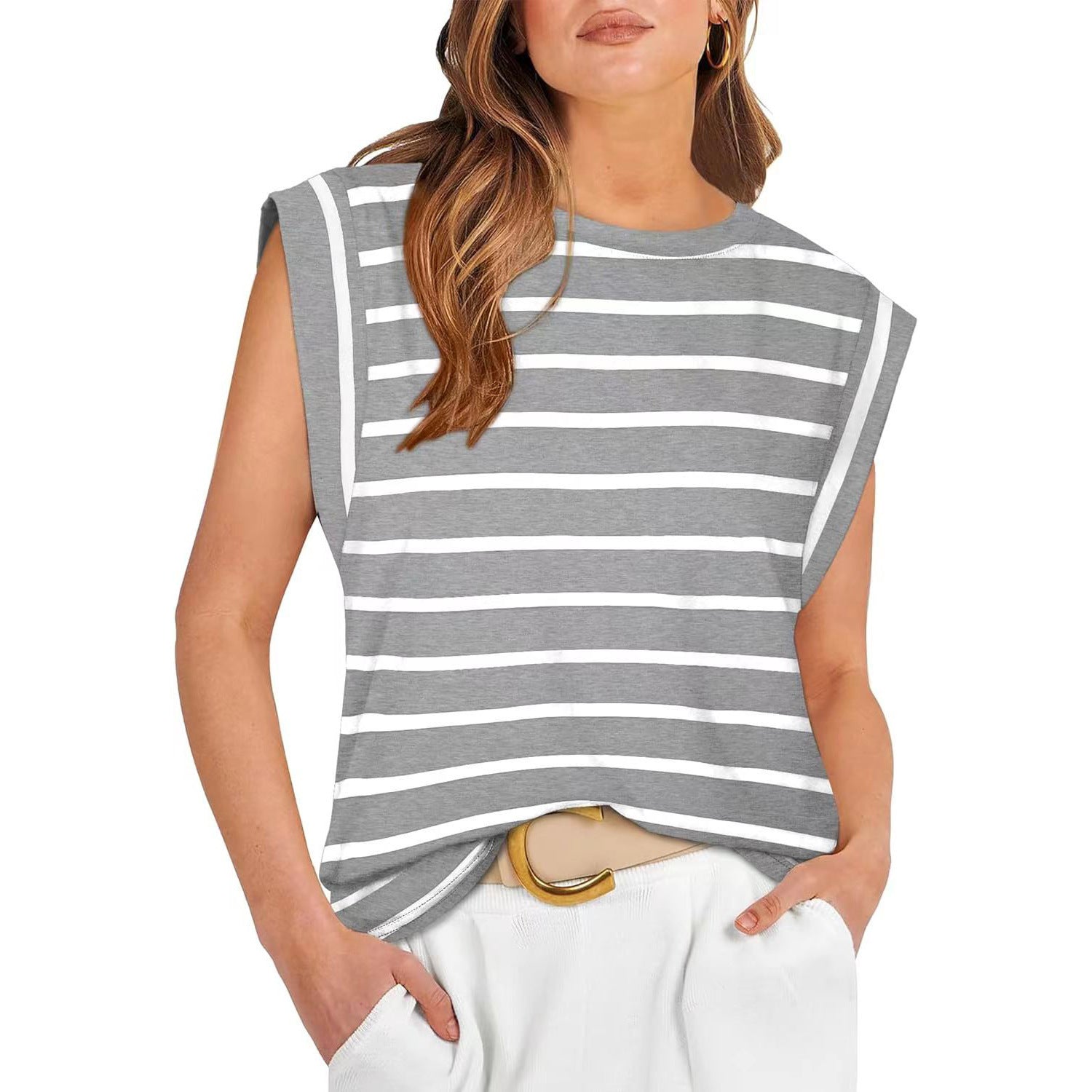 Round Neck Loose Short Sleeves Striped Top For Women Limorista