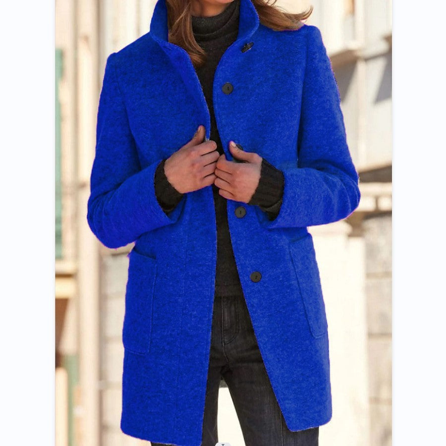 Fashion Stand Collar Woolen Coat With Pockets Fall Winter Casual Button Outwear For Women Clothing Limorista