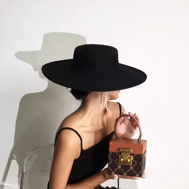 Flat Top Woolen Hat Big Brim Fedora Hat Hepburn Style Limorista