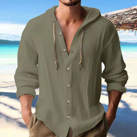 Cotton And Linen Shirt Hooded Sweater Button Long Sleeve Limorista