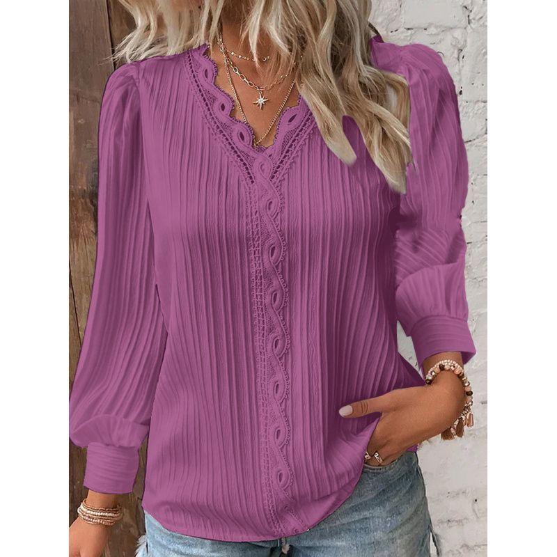 Long Sleeve V-neck Lace Patchwork Shirt Limorista