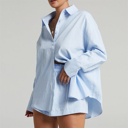 Solid Single Breasted Long Sleeve Lapel Shirt Shorts Limorista