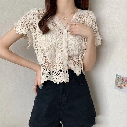Niche V-neck Hollow Crochet Lace Shirt For Women Limorista