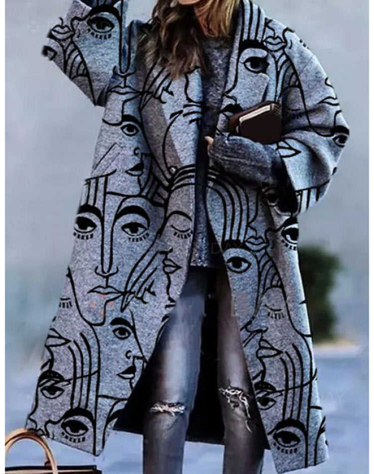 Turn-down Collar Coat Printed Woolen Long-cut Coat Limorista
