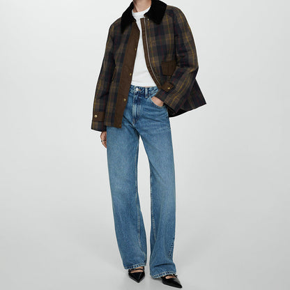 Autumn And Winter Plaid Fur Collar Cotton-padded Coat Limorista