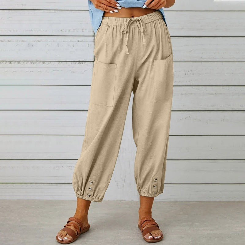 Loose High Waist Button Cotton And Linen Trousers Cropped Pants Wide Leg Women&