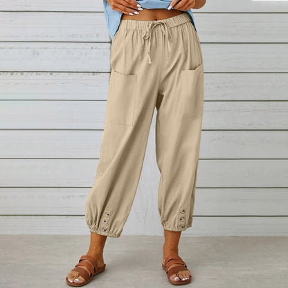 Loose High Waist Button Cotton And Linen Trousers Cropped Pants Wide Leg Women&