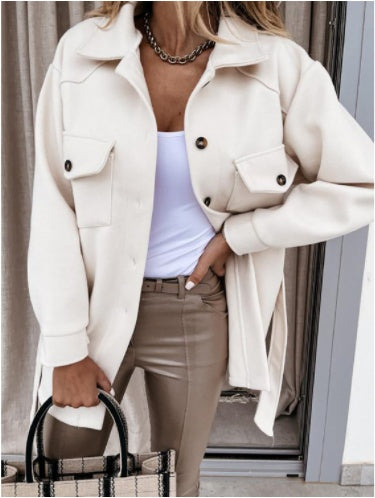 Long-sleeved Temperament Solid Color Lapel Button Lace Woolen Coat Limorista