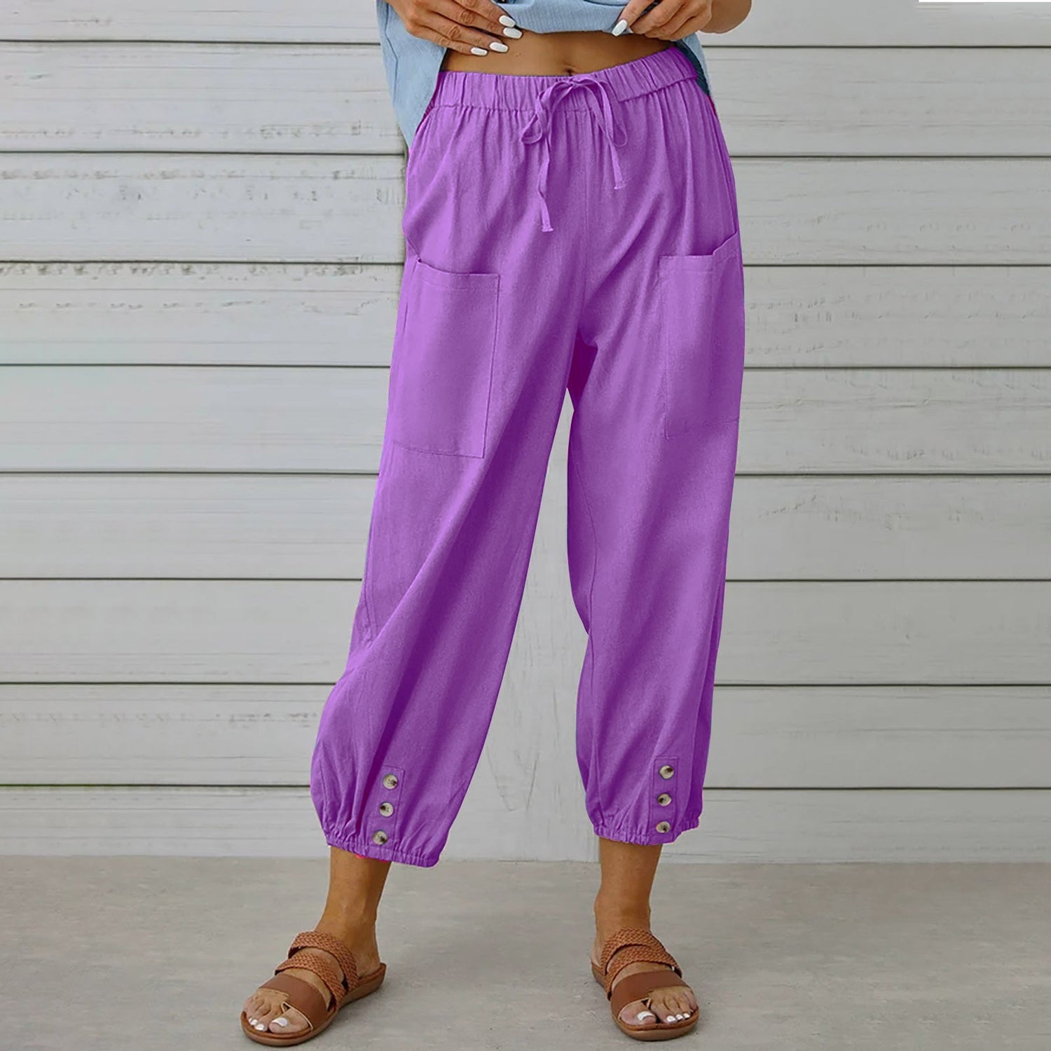 Loose High Waist Button Cotton And Linen Trousers Cropped Pants Wide Leg Women&