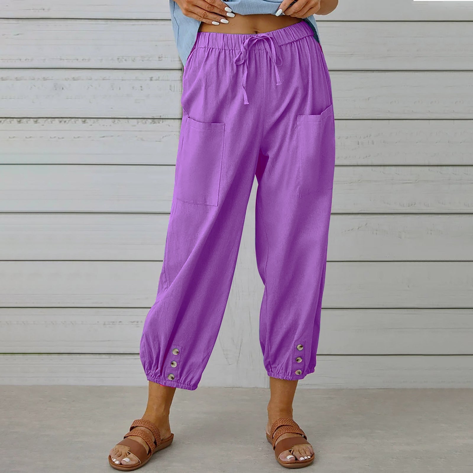 Loose High Waist Button Cotton And Linen Trousers Cropped Pants Wide Leg Women&