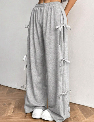 Elastic Waist Solid Color Bow Lace Up Casual Straight-leg Pants Limorista