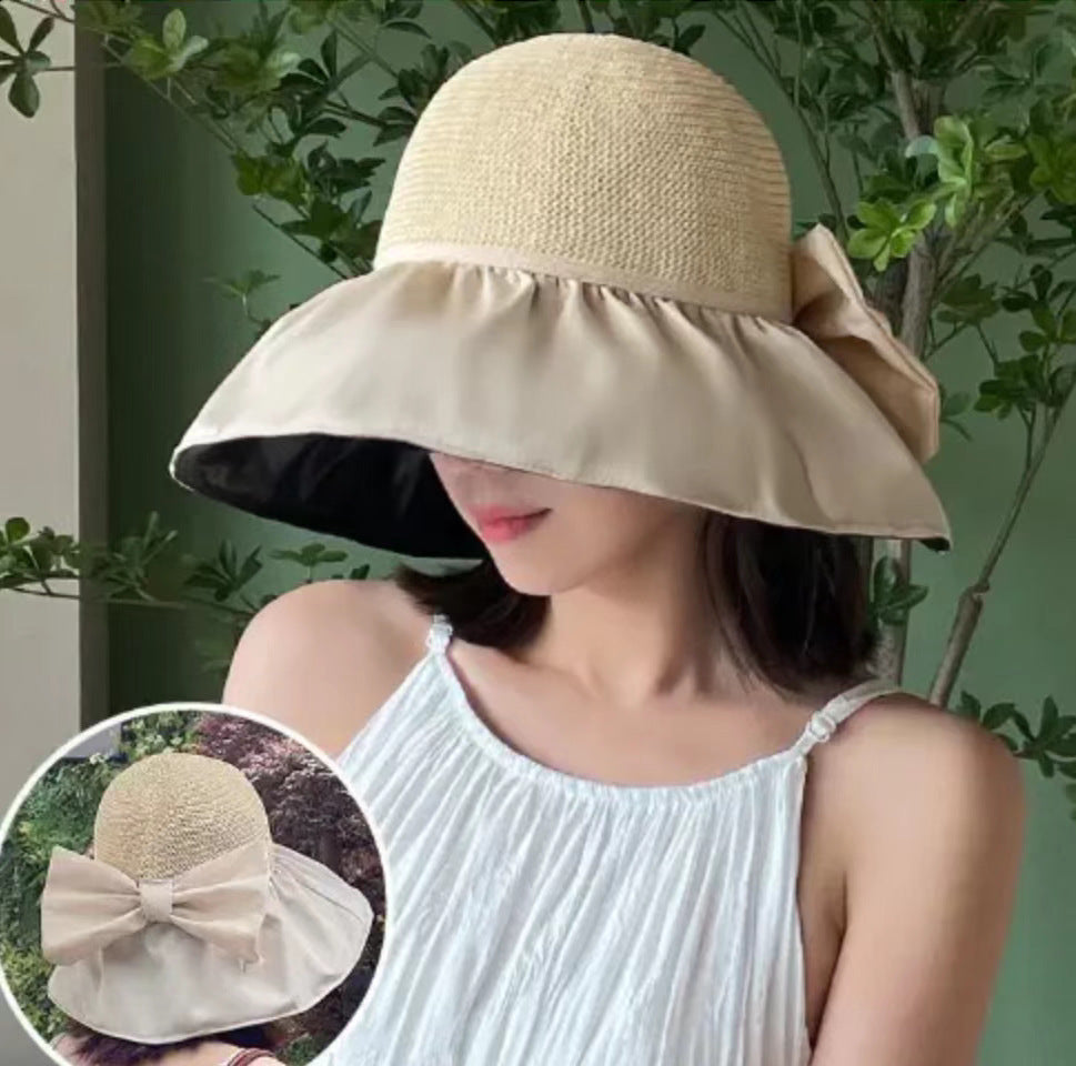 Summer Straw Sunhat With Large Brim And Big Bow Anti-UV Fisherman Hat Outdoor Sunshade And Face Protection Hat Limorista
