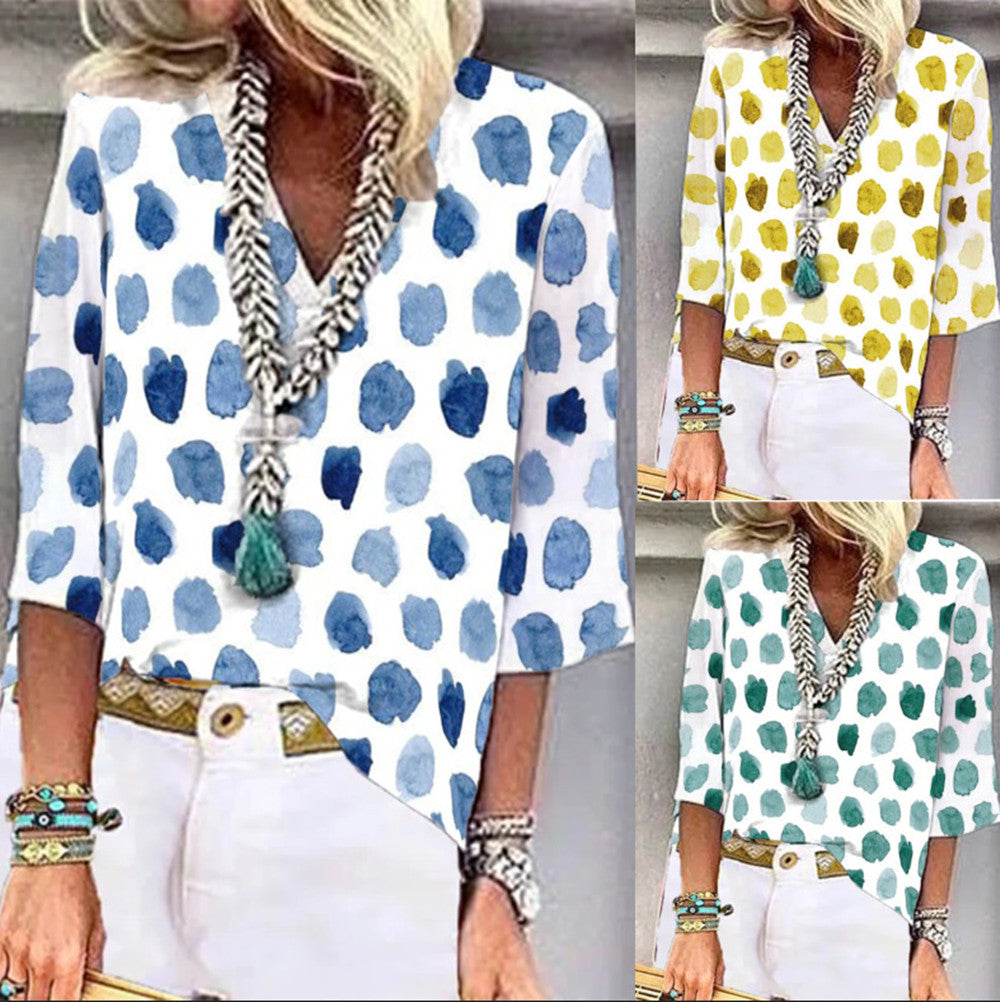 Limorista - V-Neck Dot Print Loose Casual Shirt Top