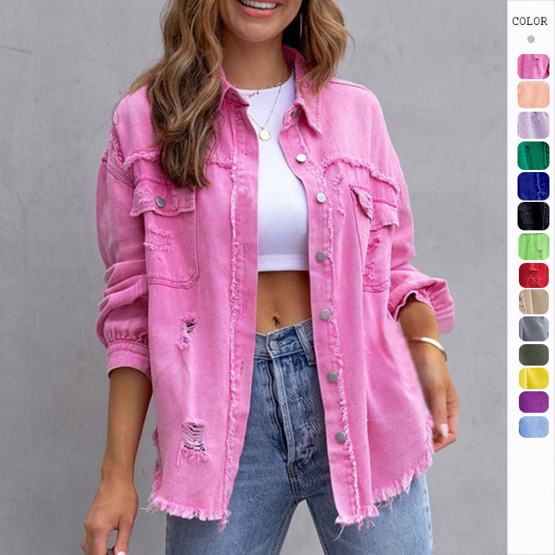 Fashion Ripped Shirt Jacket Female Autumn And Spring Casual Tops Womens Clothing Limorista