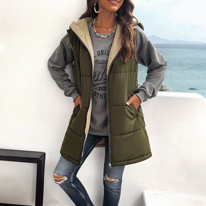 Winter Vest Women Loose Commuting Mid-length Hooded Cotton Jacket With Pockets Fashion Warm Zipper Fluffy Coat Outdoor Clothing Limorista