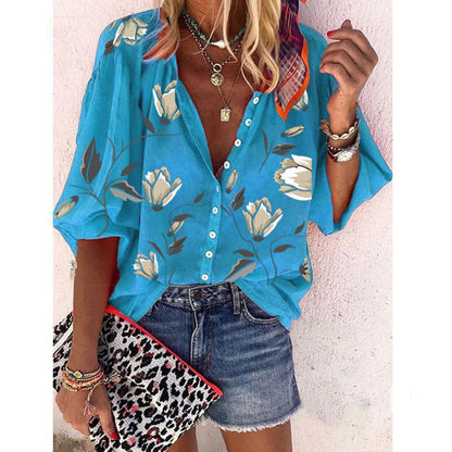 Flower Printed Nine-Sleeve Top Loose Casual Shirt Limorista