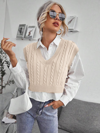V-neck Knitted Vest Sweater Vest Sleeveless Waistcoat Women&