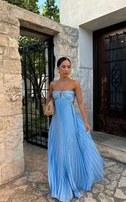 Ins Pleated Sleeveless Sling Dress Hollow High Waist Halter Robe Dresses For Evening Party Club Clothing Women Limorista