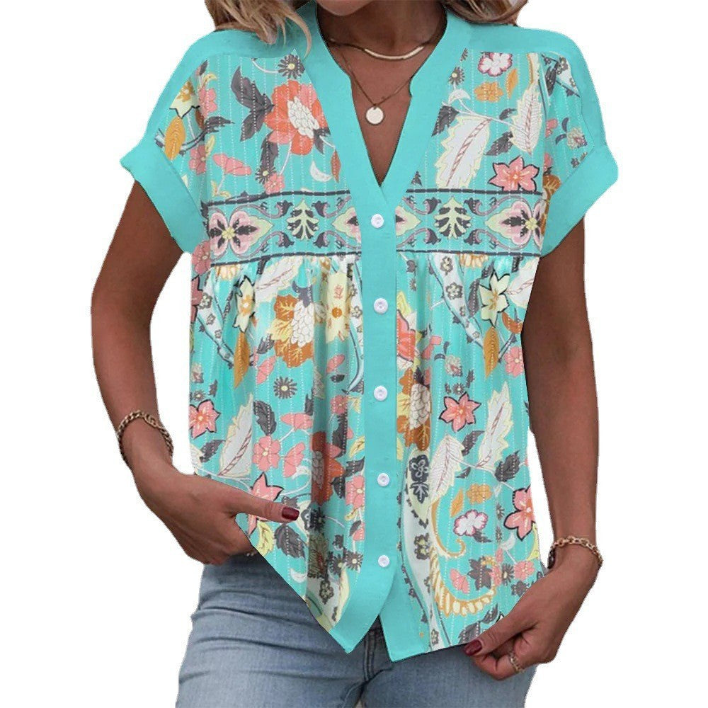 Casual Stand Collar Short Sleeve Regular Cardigan Digital Printing Top Shirt Limorista