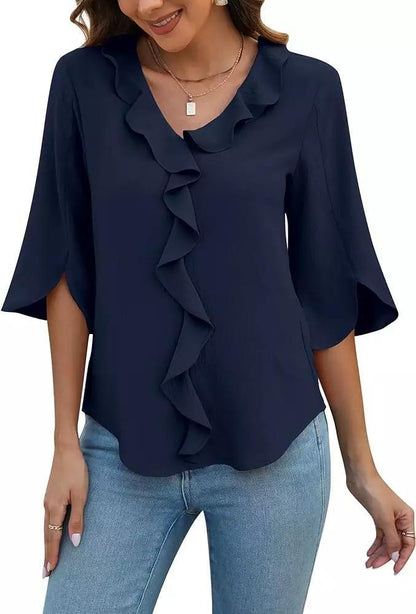 Lady Literature Leisure Commute All-matching Loose All-matching V-neck Flounce Shirt Limorista