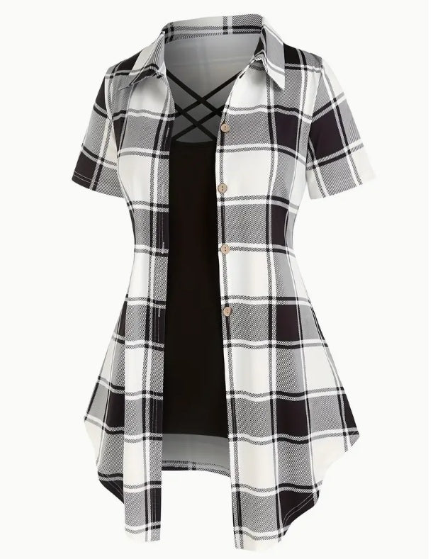 Unity AB Splicing Collar Turn-D2 In 1 Plaid Short-Sleeved T-Shirt Limorista