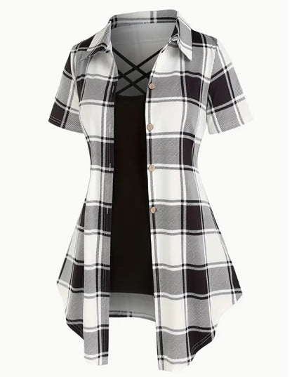 Unity AB Splicing Collar Turn-D2 In 1 Plaid Short-Sleeved T-Shirt Limorista