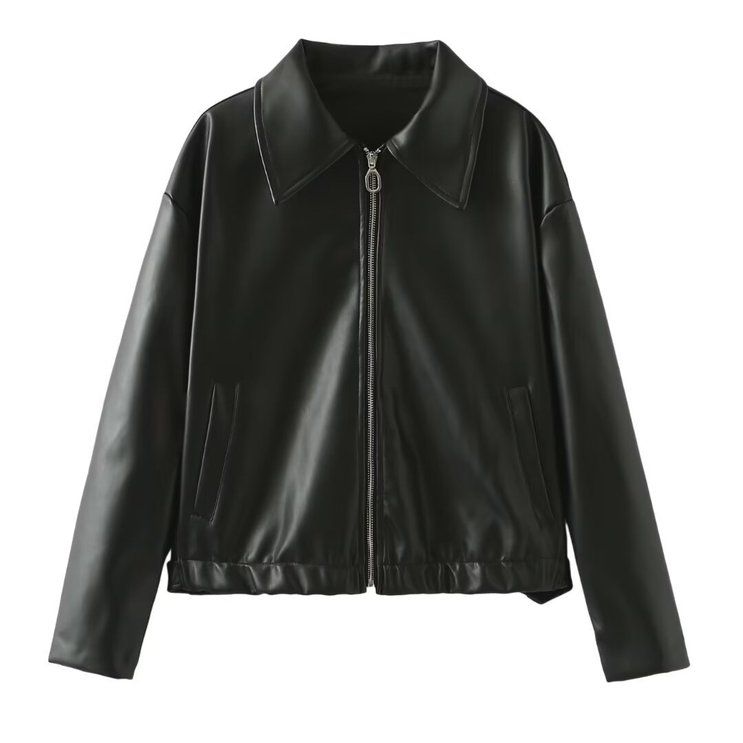 Solid Color Lapel Zipper Jacket Fashion Casual Long Sleeve Leather Coat Tops Women Clothing Limorista