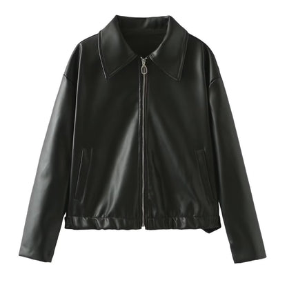 Solid Color Lapel Zipper Jacket Fashion Casual Long Sleeve Leather Coat Tops Women Clothing Limorista