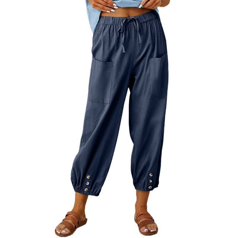Loose High Waist Button Cotton And Linen Trousers Cropped Pants Wide Leg Women&