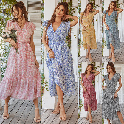 Summer Dresses Ruffle Cap Sleeve V Neck Belt Wrap Split Boho Floral Long Casual Party Beach Dress Limorista