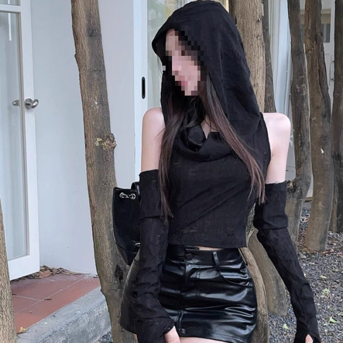 American Hot Girl Sleeveless Cold-shoulder Hooded Oversleeve T-shirt Limorista