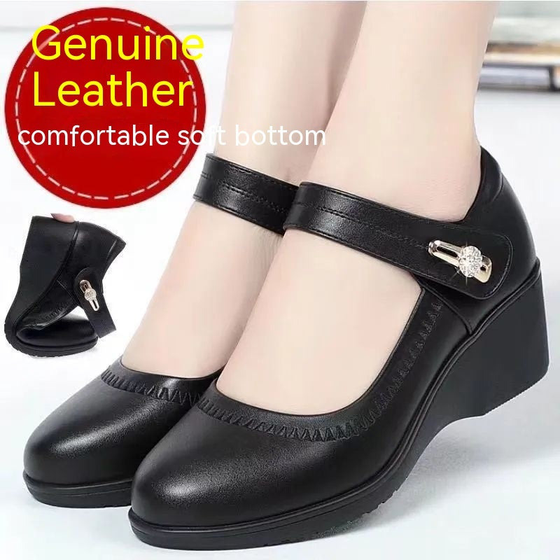 High Quality Soft Bottom Leather Shoes Non-slip Wedge Middle-aged And Elderly Pumps Limorista