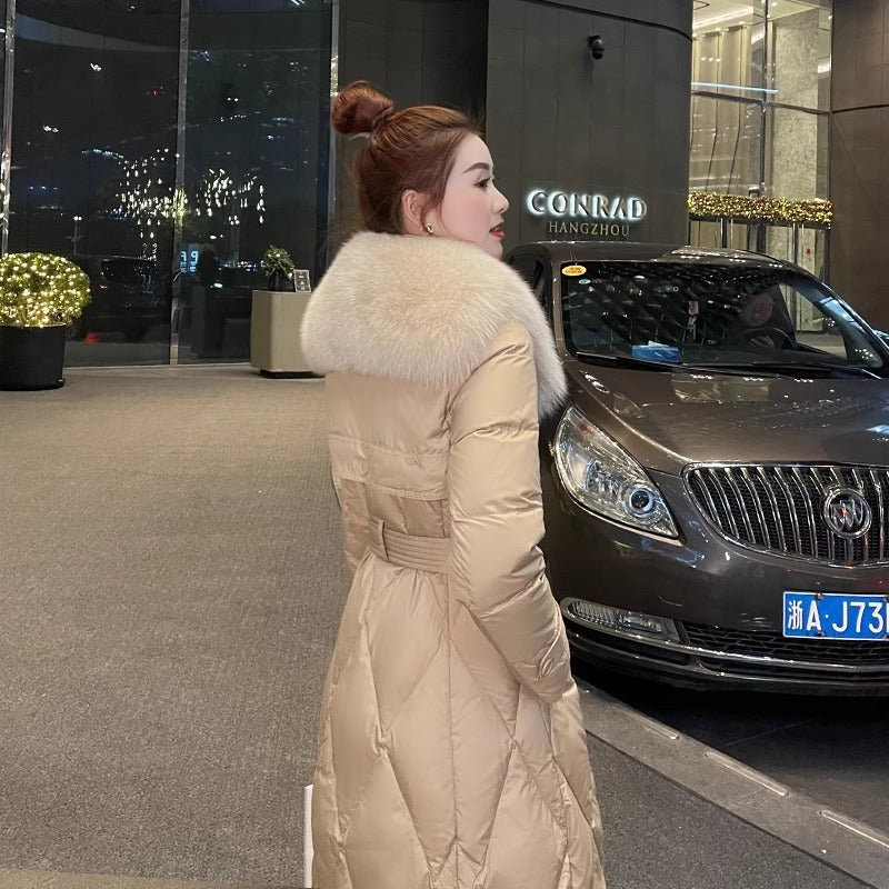 White Duck Slim Fit Down Jacket Women Overknee Mid-length Big Fur Collar Coat Limorista
