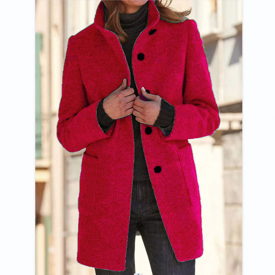 Fashion Stand Collar Woolen Coat With Pockets Fall Winter Casual Button Outwear For Women Clothing Limorista