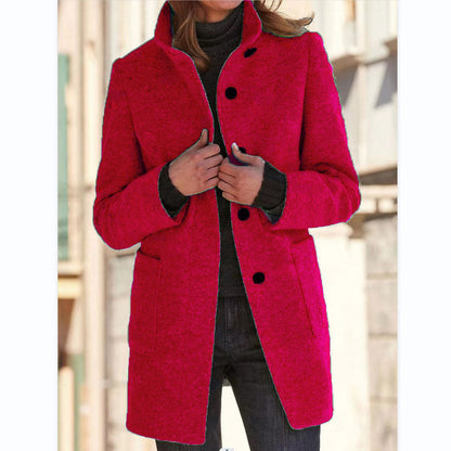 Fashion Stand Collar Woolen Coat With Pockets Fall Winter Casual Button Outwear For Women Clothing Limorista