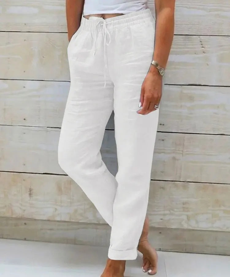 Summer Elastic Waist Solid Color Cotton Linen Wide Leg Pants Loose Pants Women&