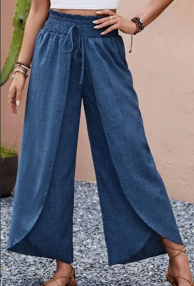 Stylish Shirred Waist Wide Leg Pants - Women&