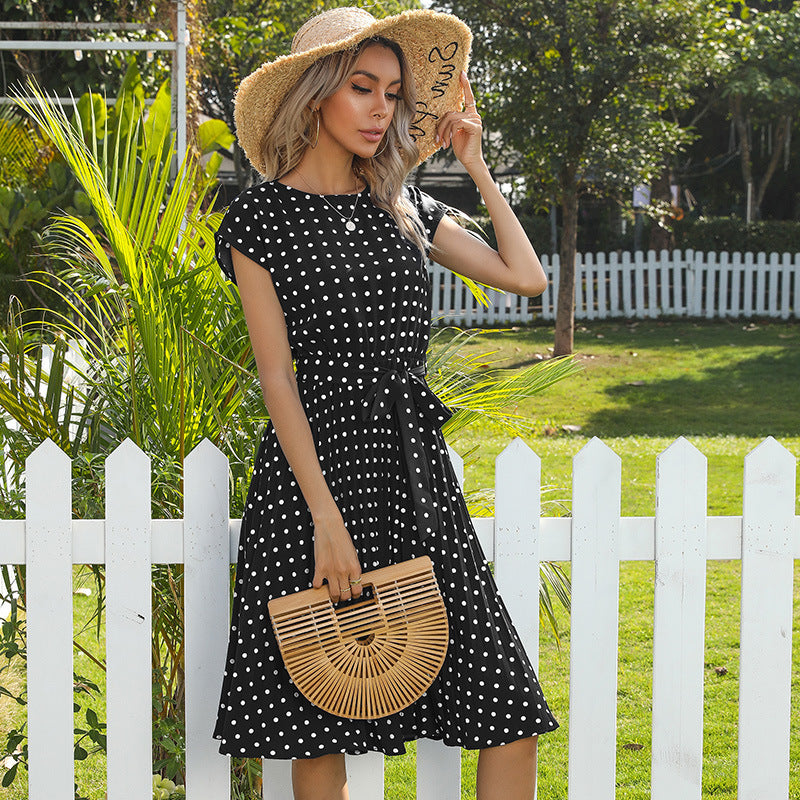 Summer Women Polka Dot Short Sleeve Dress Casual Bandage Party Pleated Midi Dresses Elegant Green Office Lady Clothing Limorista