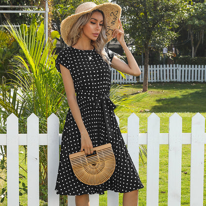 Summer Women Polka Dot Short Sleeve Dress Casual Bandage Party Pleated Midi Dresses Elegant Green Office Lady Clothing Limorista