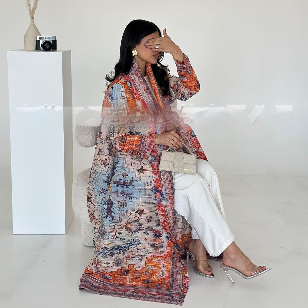 Pleated Trench Djellaba Hot-selling Printed Shawl Cardigan Ethnic Style Cloak Coat Limorista