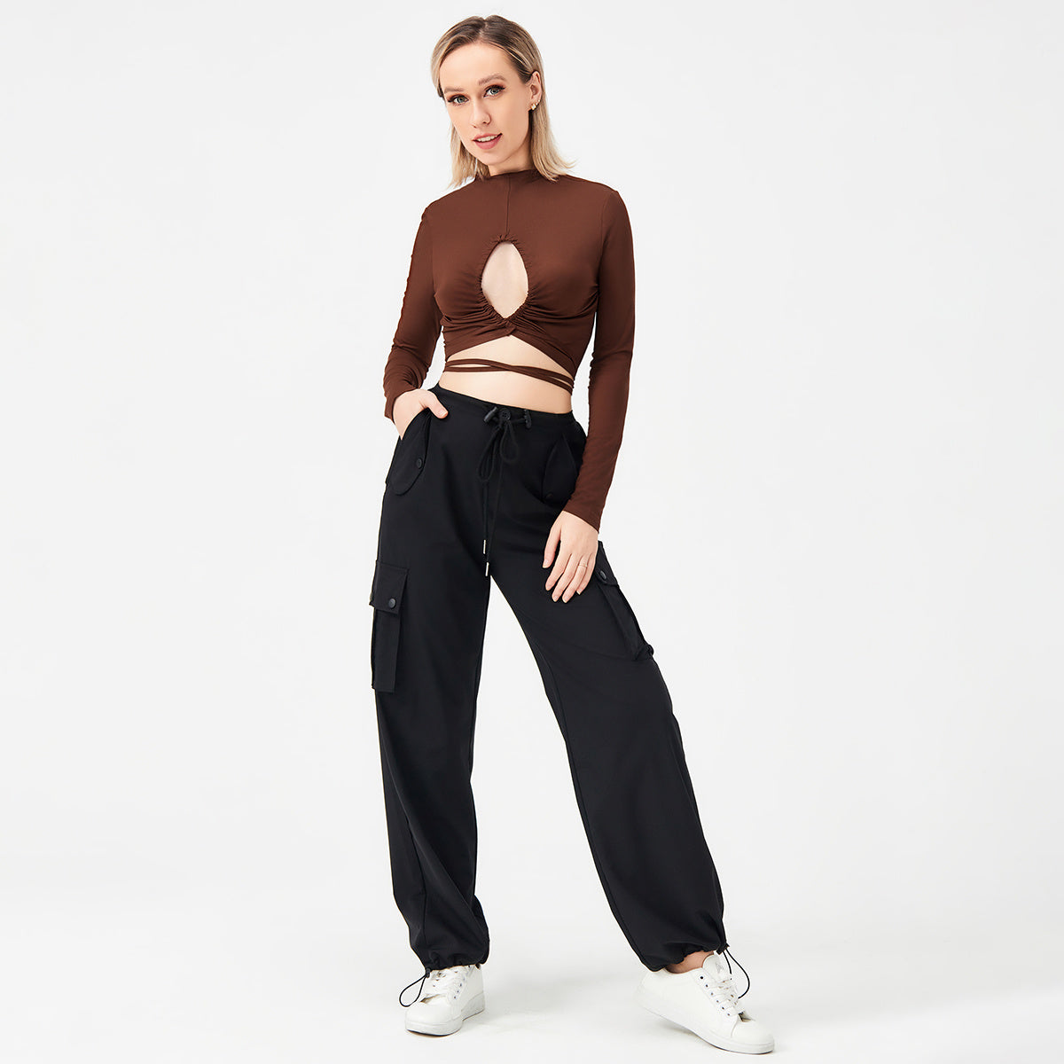 Long Sleeve Tie Cutout Sexy T-Shirt Women&