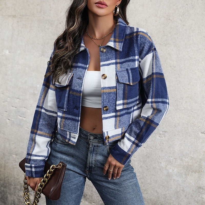 Plaid Lapel Cropped Jacket With Pockets Fashion Button Long Sleeve Short Outwear Tops Coat For Womens Clothing Limorista