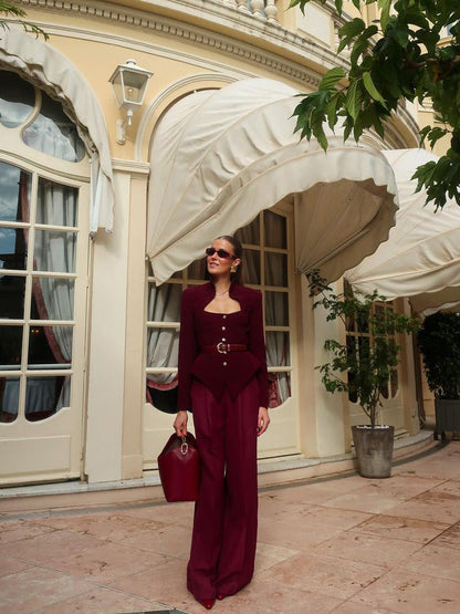 Burgundy Stand Collar Long Sleeve Top Limorista