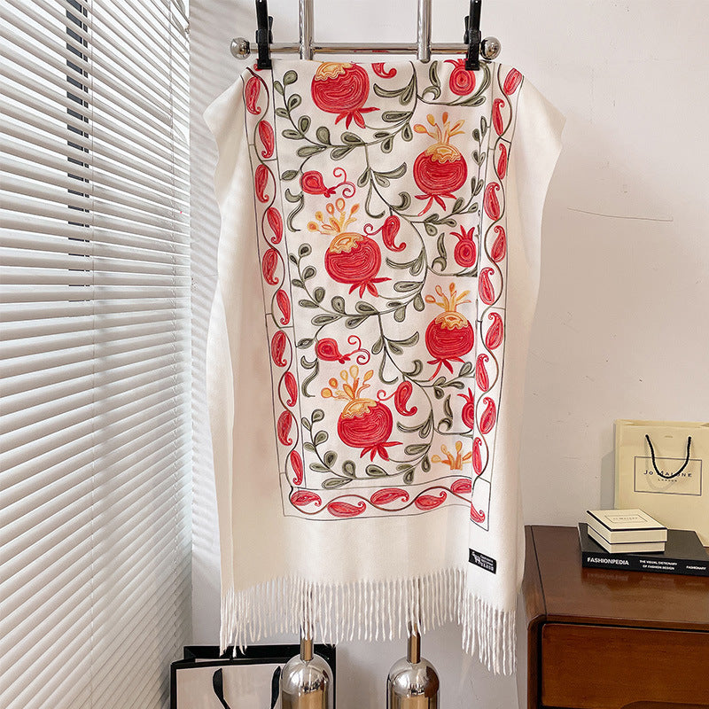 Contrast Color Pomegranate Leaf Embroidered Double-sided Shawl Limorista