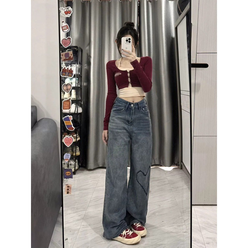 Love Embroidered Wide-leg Simple Casual Jeans Limorista