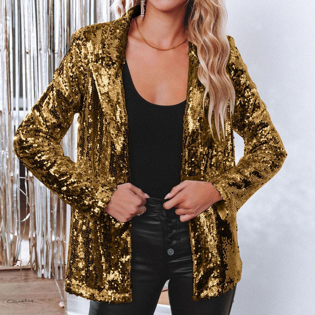 Limorista - Lapel Long Sleeve Sequined Casual Suit Jacket Women
