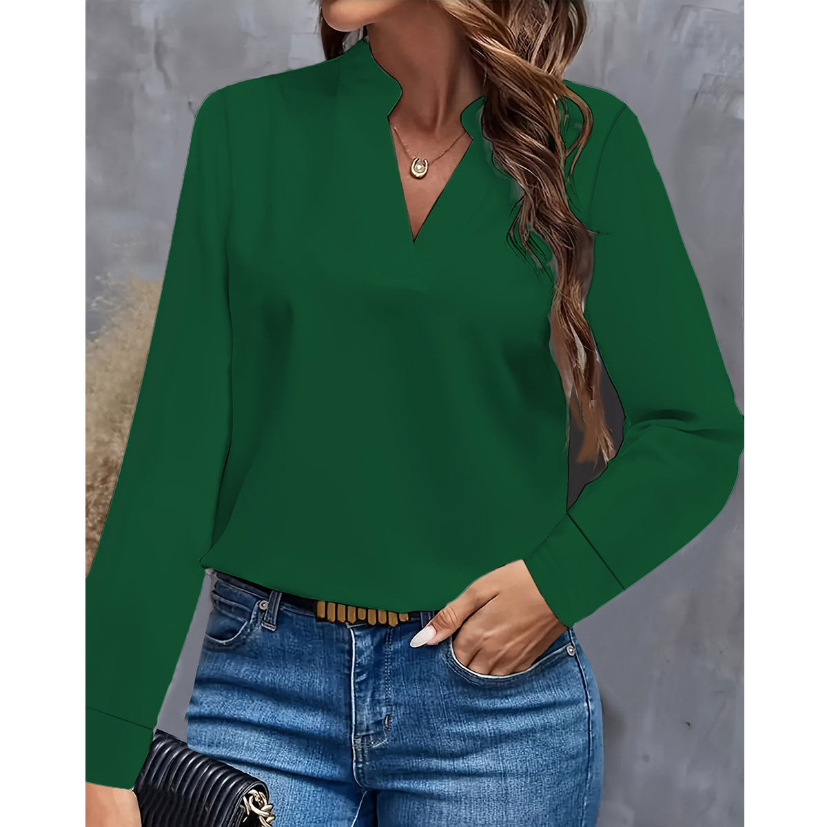 Simple Casual Solid Color And V-neck Loose Shirt Women&