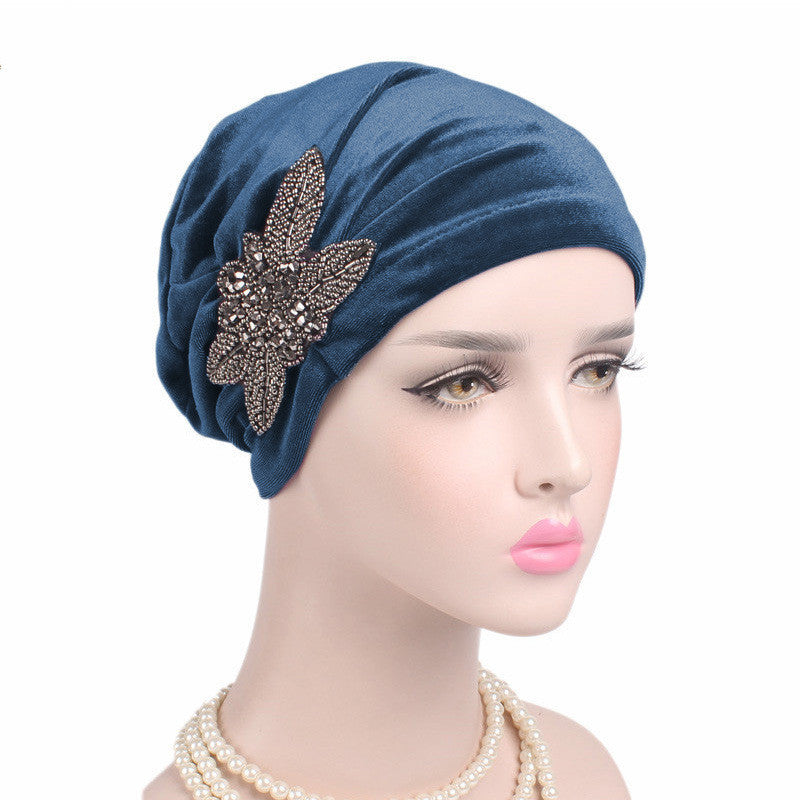 Beaded Flower Accessories Turban Hat Velvet Pleated Hood Limorista