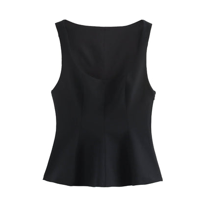 Pleated Slim-fit Square Collar Sleeveless Small Top Limorista